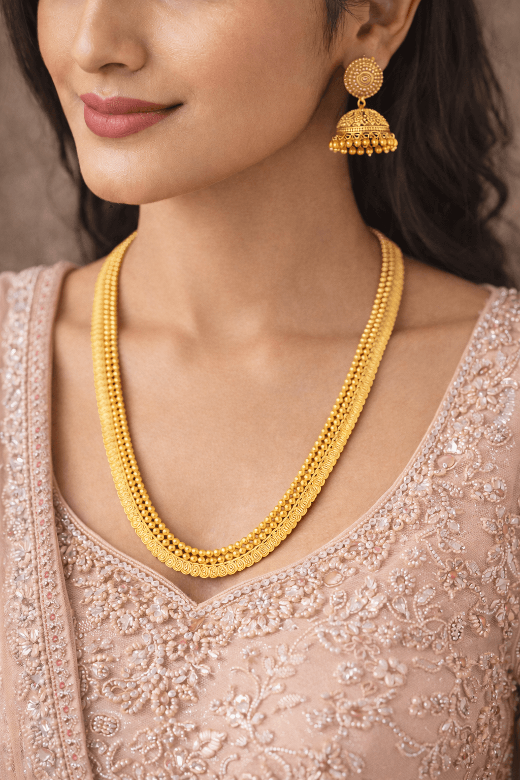 Traditional Gold Beaded Necklace Set with Jhumka Earrings