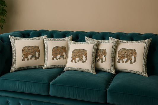 Decorative jute cushion cover with ethnic elephant print for sofa, chair, or bed