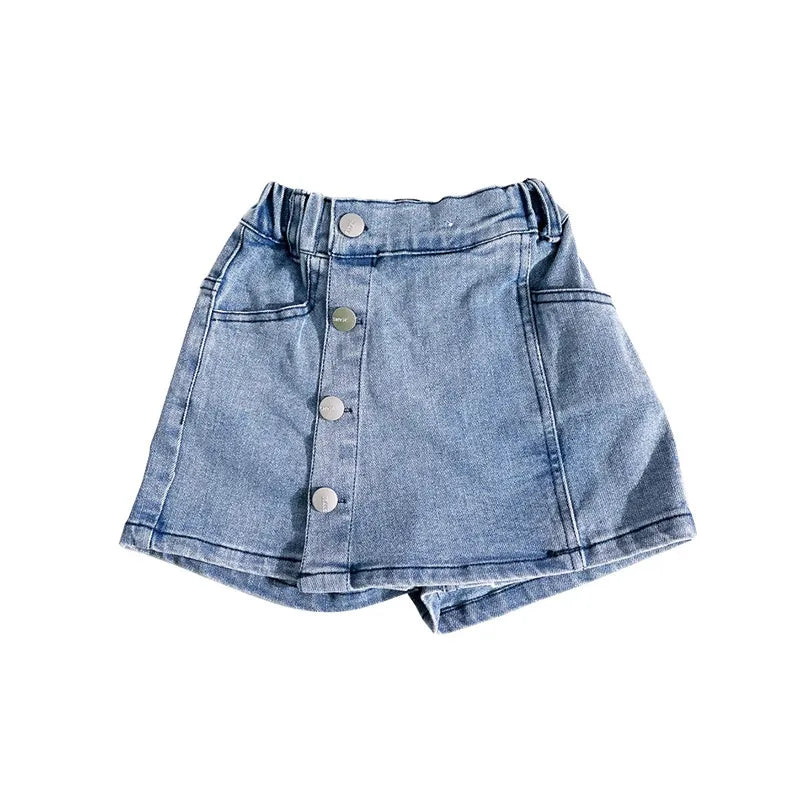 "High-waist denim skort with front buttons and side pockets for casual wear."