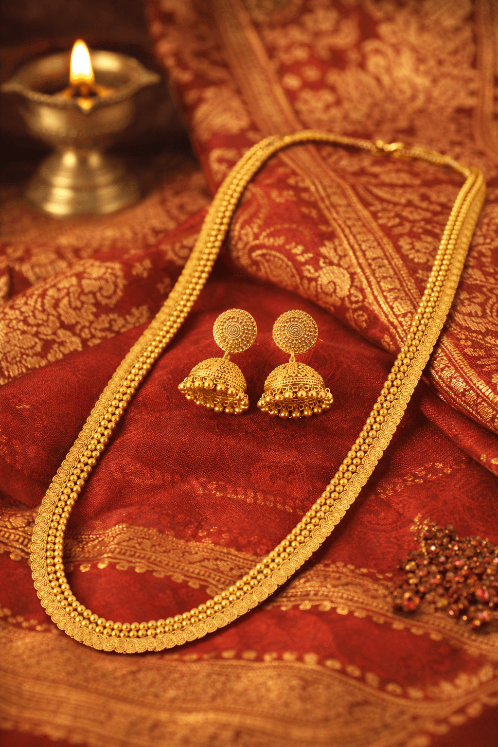 Traditional Gold Beaded Necklace Set with Jhumka Earrings
