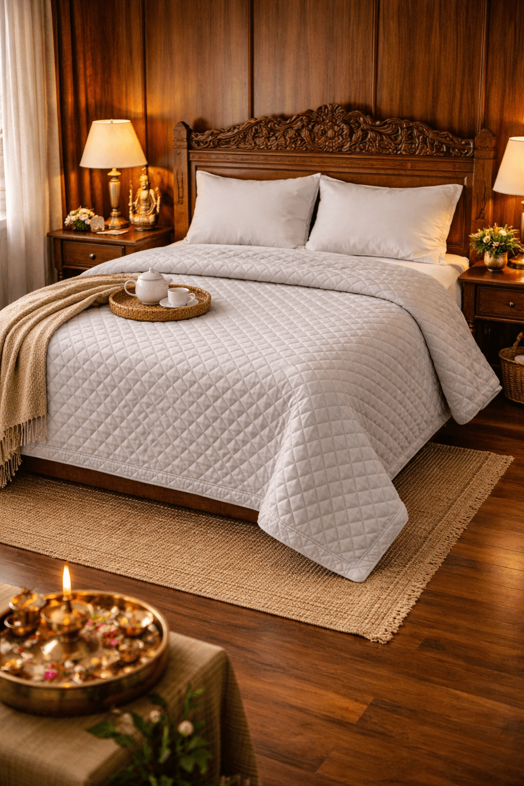 Premium quilted bedcover designed to bring elegance and comfort to your bedroom. Crafted with a soft, breathable fabric and diamond-stitched texture, this luxury bedspread offers a cozy feel while enhancing your décor with a sophisticated modern look.