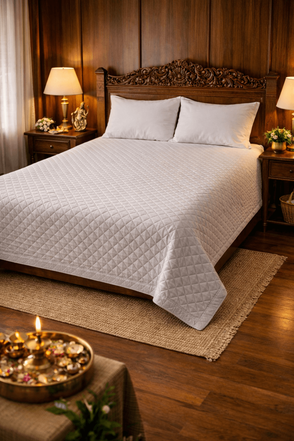 Premium quilted bedcover designed to bring elegance and comfort to your bedroom. Crafted with a soft, breathable fabric and diamond-stitched texture, this luxury bedspread offers a cozy feel while enhancing your décor with a sophisticated modern look.
