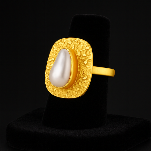 Adjustable Gold Brass Pearl Ring for Women