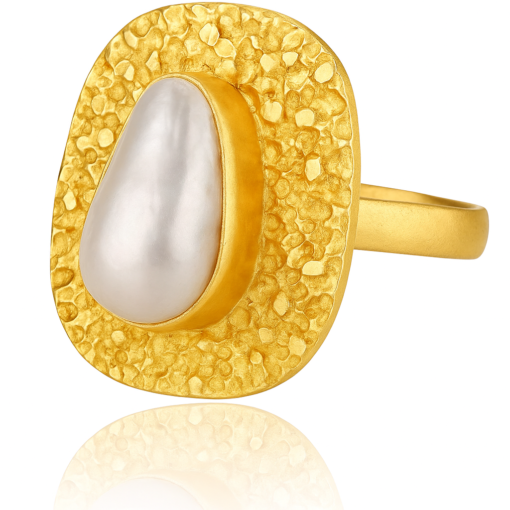 Adjustable gold brass pearl ring party wear with a textured gold finish and a beautiful pearl centerpiece.