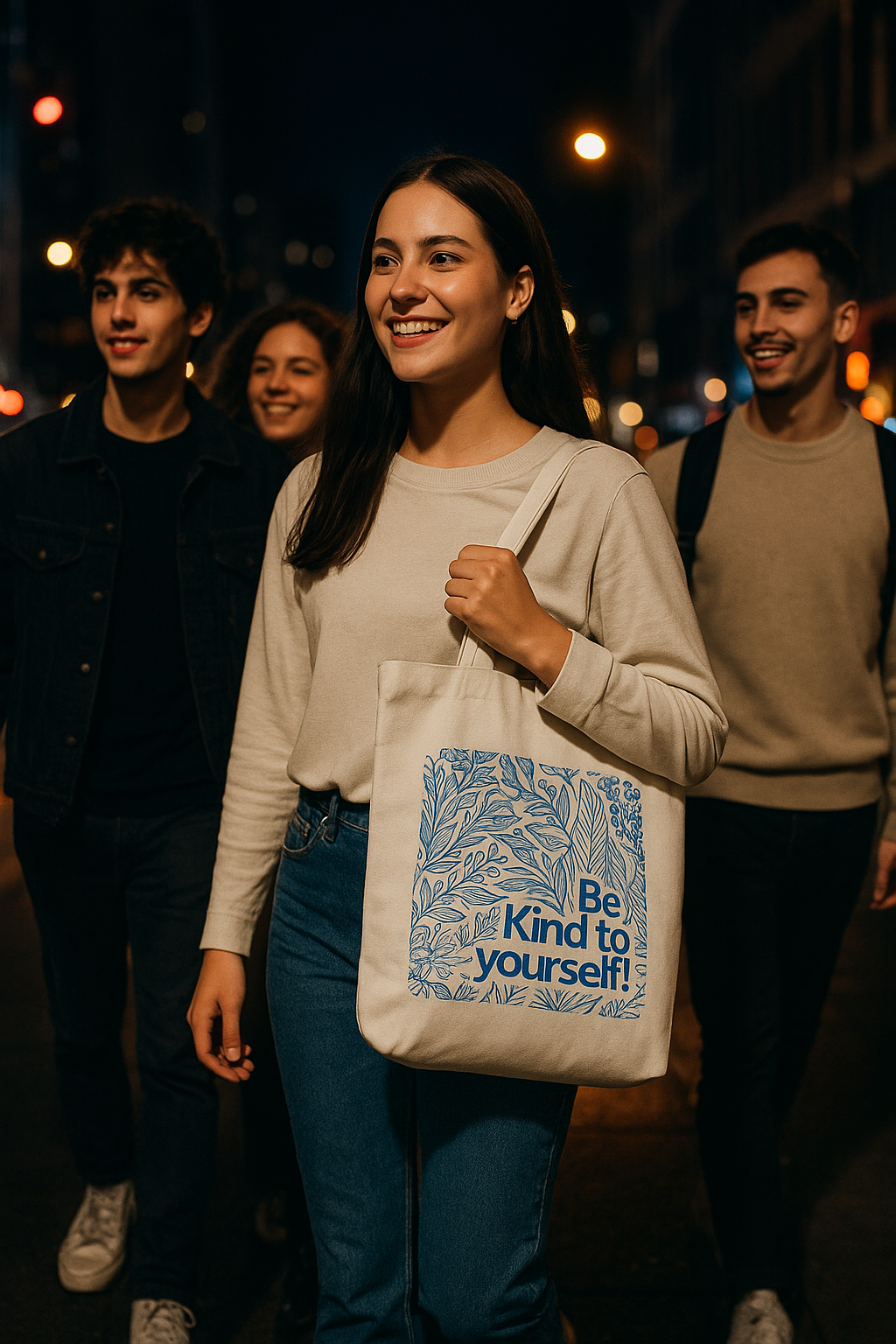 Woman holding a tote bag with a motivational message, walking with friends at night.