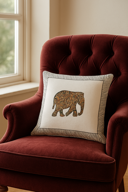 Eco-friendly jute throw pillow cover with artistic elephant motif – 16x16 inches