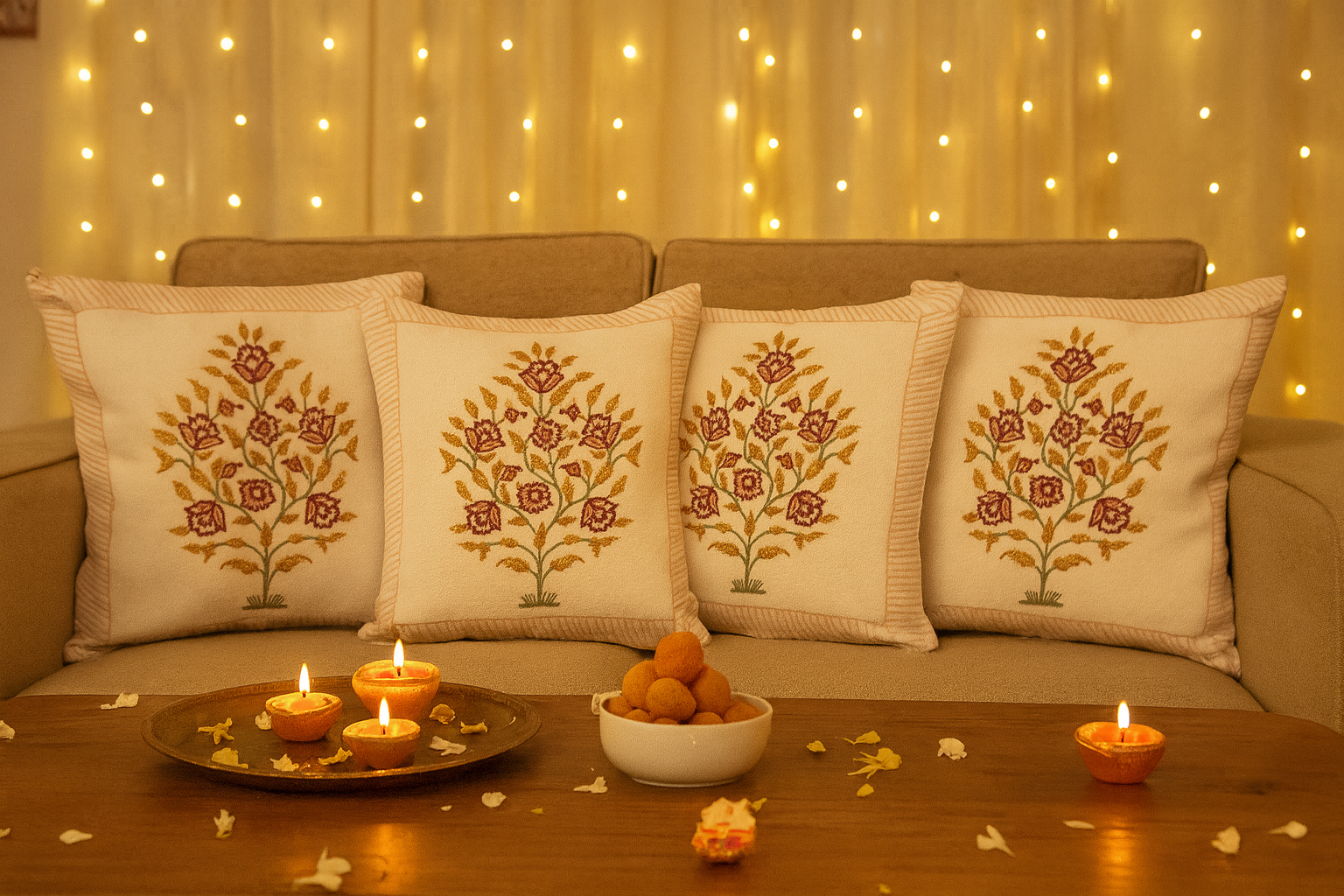 16x16 embroidered cotton cushion cover with floral design – set of 5 for sofa and living room décor