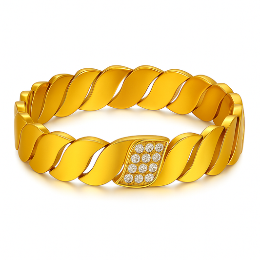 Gold bracelet with diamond accents on a white background