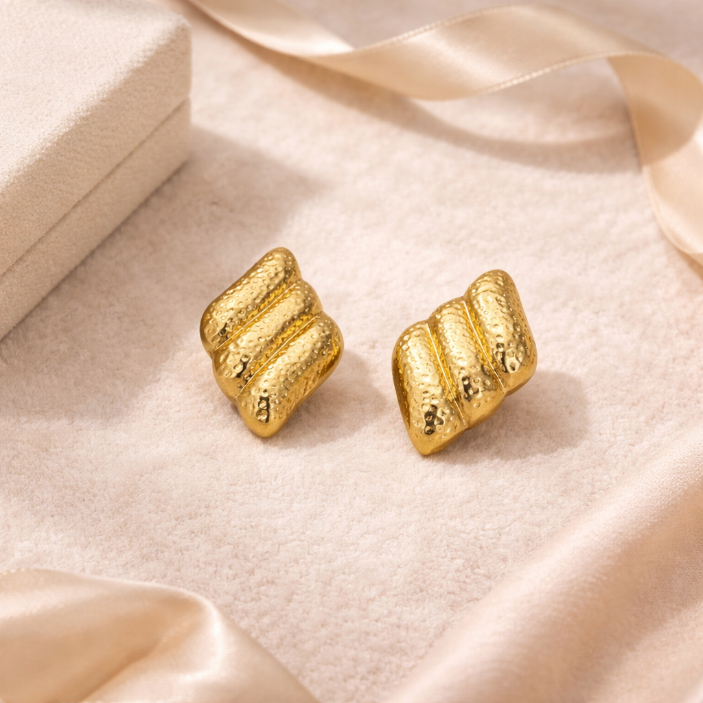 Gold-Toned Textured Sculptural Stud Earrings for Women | Hammered Finish Statement Earrings | Minimal Office & Party Wear Jewelry