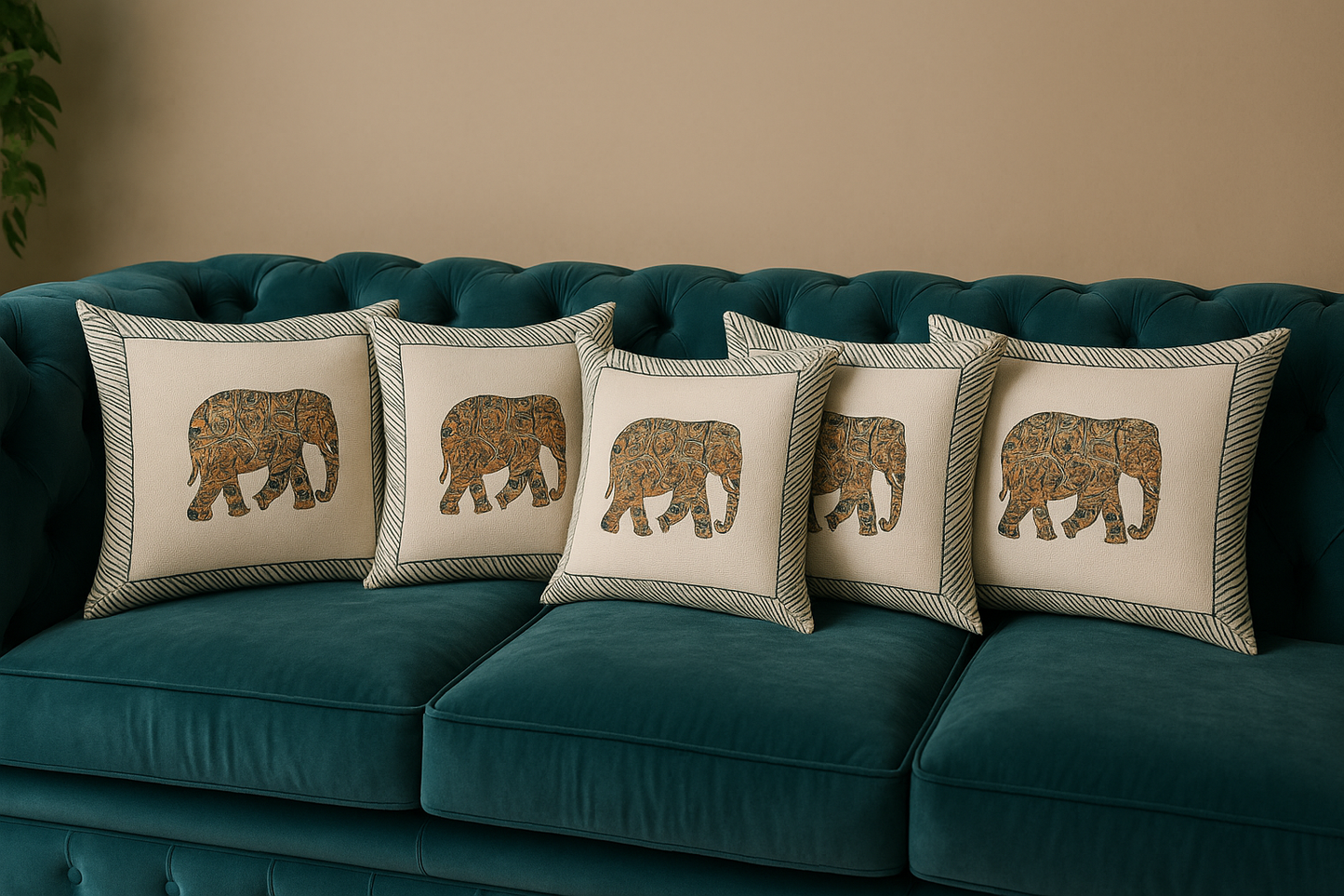 Decorative jute cushion cover with ethnic elephant print for sofa, chair, or bed