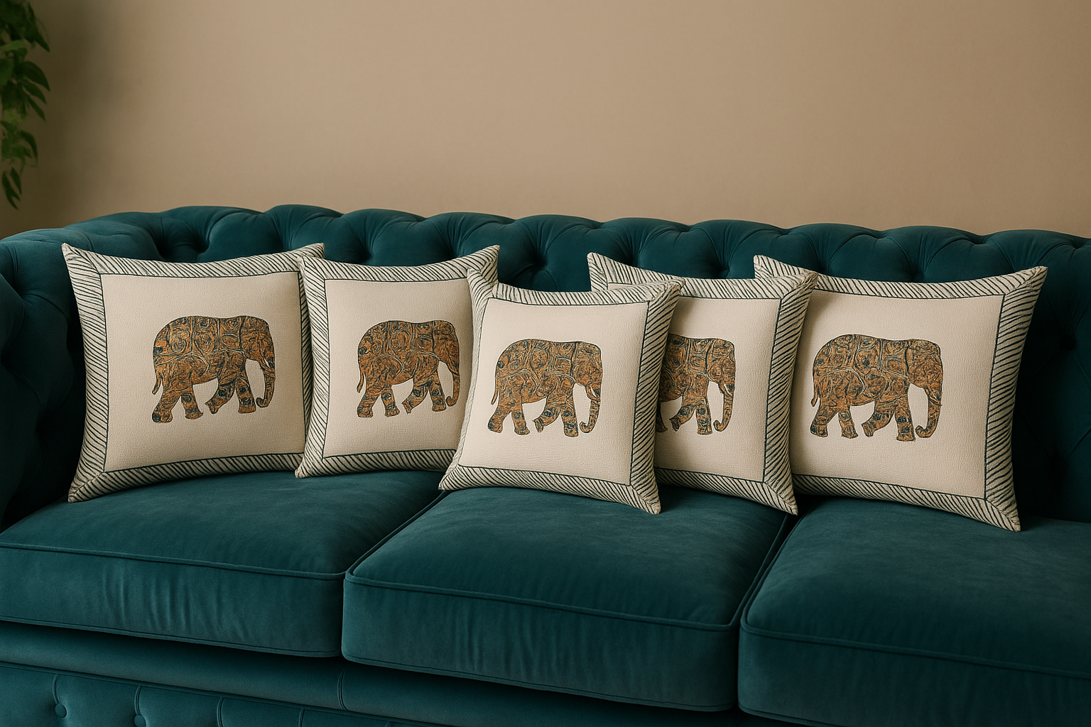 Decorative jute cushion cover with ethnic elephant print for sofa, chair, or bed