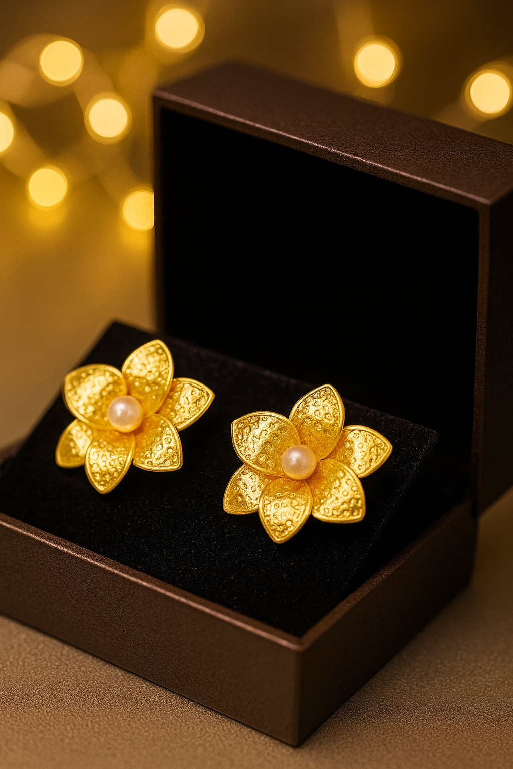 Gold flower-shaped earrings with pearls on a black box against a warm glow background