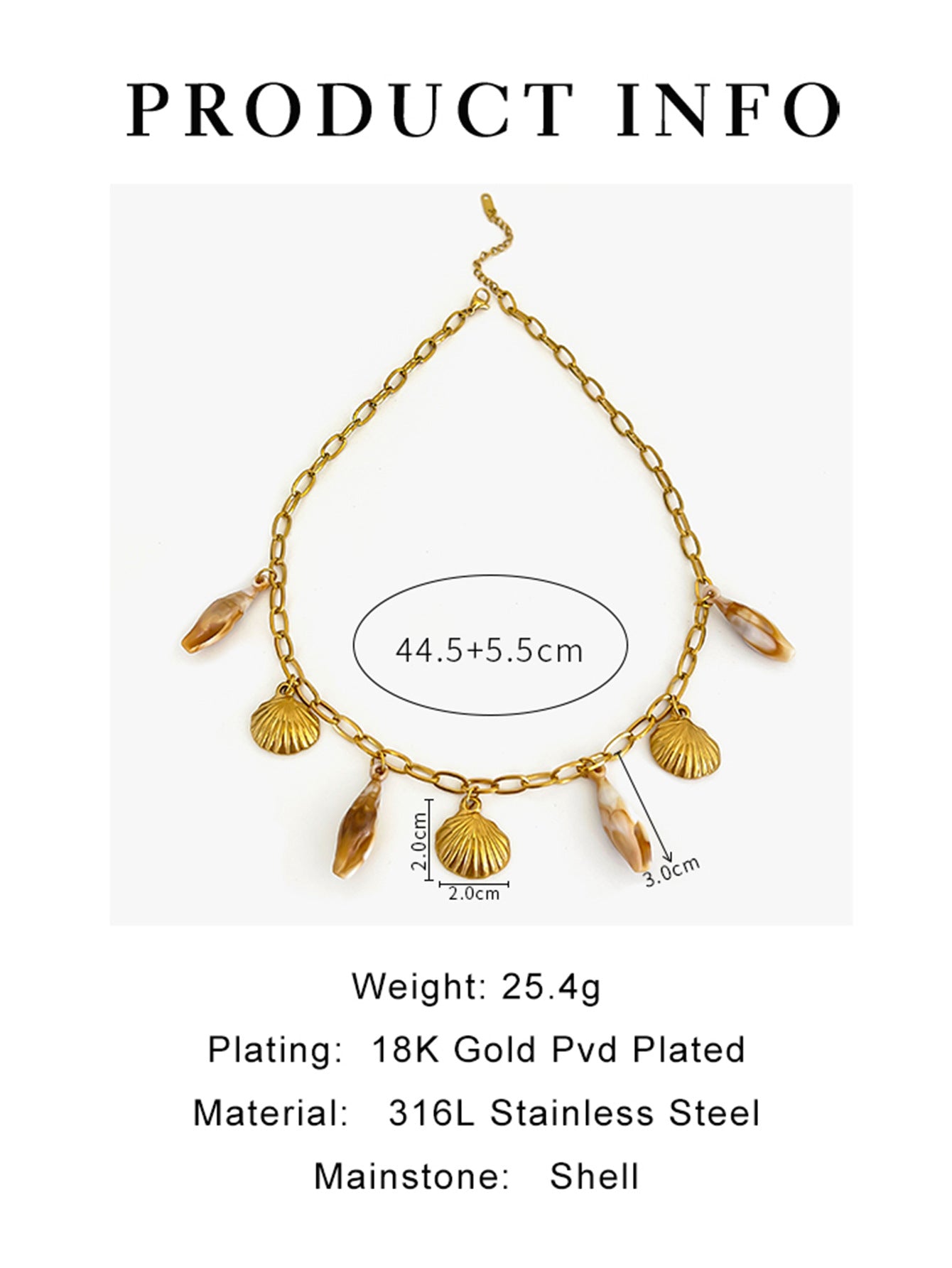 Coastal jewelry design – gold link chain with shell dangles.