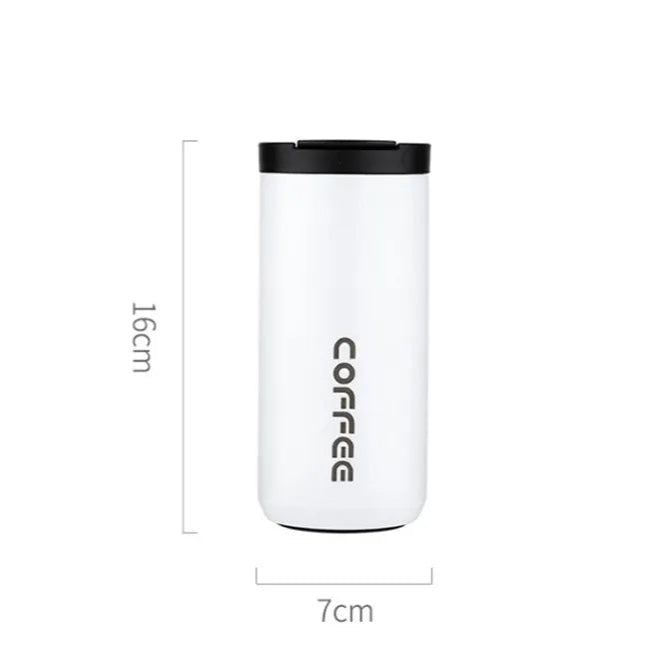 White coffee tumbler with black lid and 'COFFEE' text, shown with measurements on a white background. 400 ml and 275 gm weight