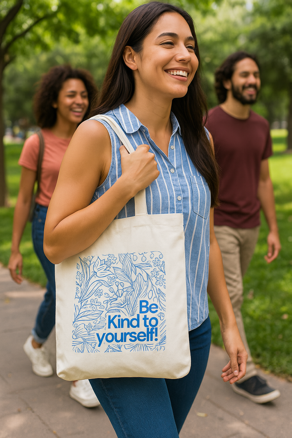 Woman holding a tote bag with 'Be Kind to Yourself' message in a park setting